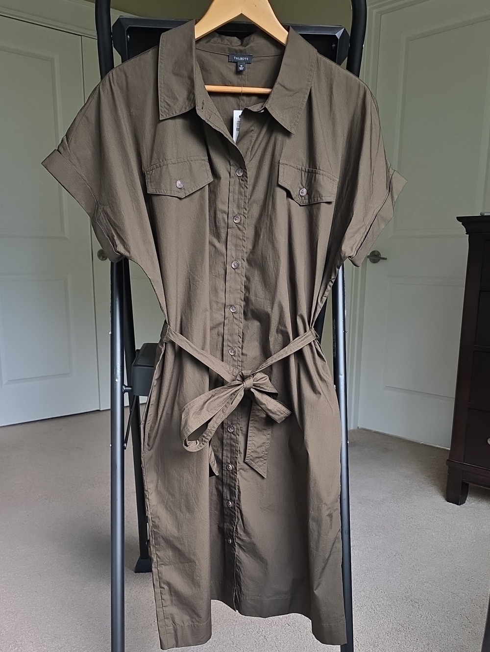 NWT Talbots Olive Green Cotton Utility Shirt Dress Belted Size 16